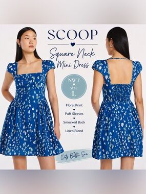 Scoop Blue Floral Square Neck Mini Dress Linen Blend L NWT